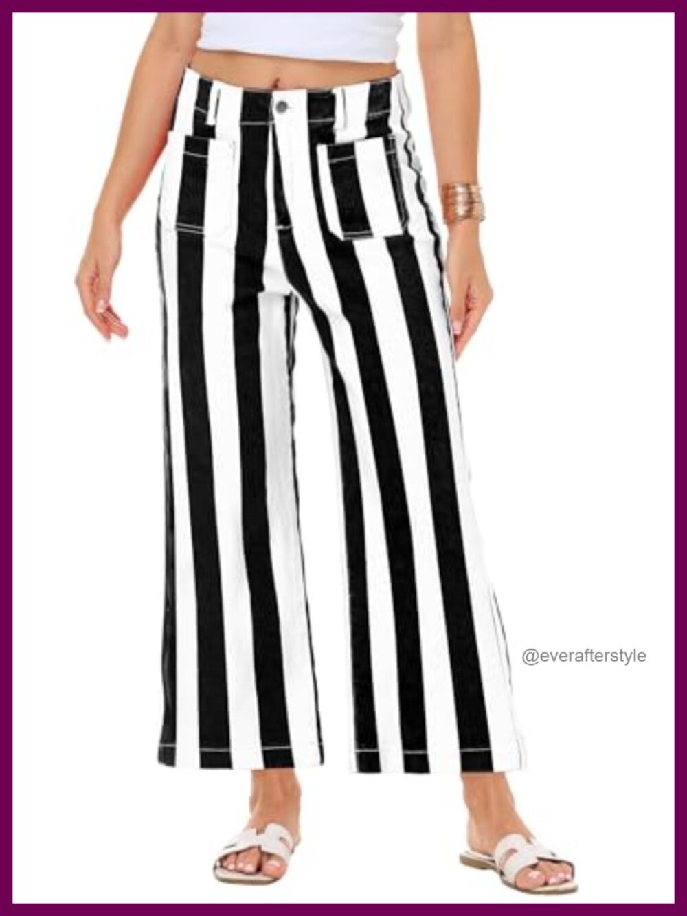 Women Stretchy Cropped Striped High Waist Wide Leg Denim Jeans Pockets